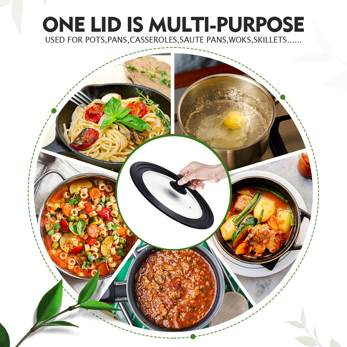 Universal Lid for Pots Pans and Skillets with Silicone Rim and Tempered Glass H41557