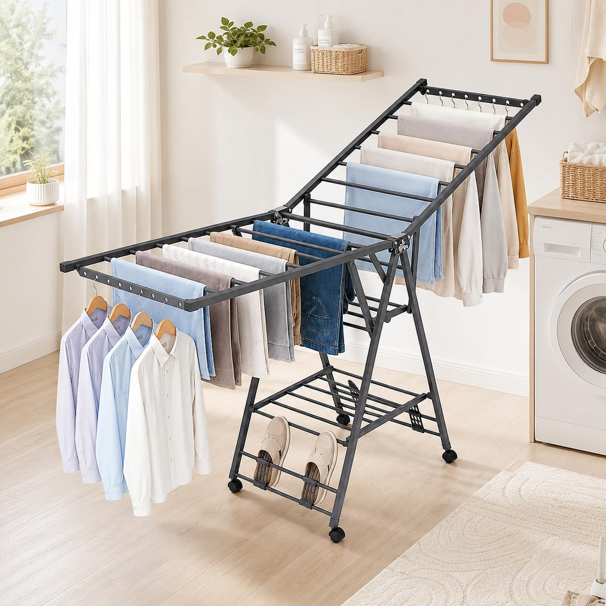 Foldable Metal Clothes Drying Rack with Wheels A239