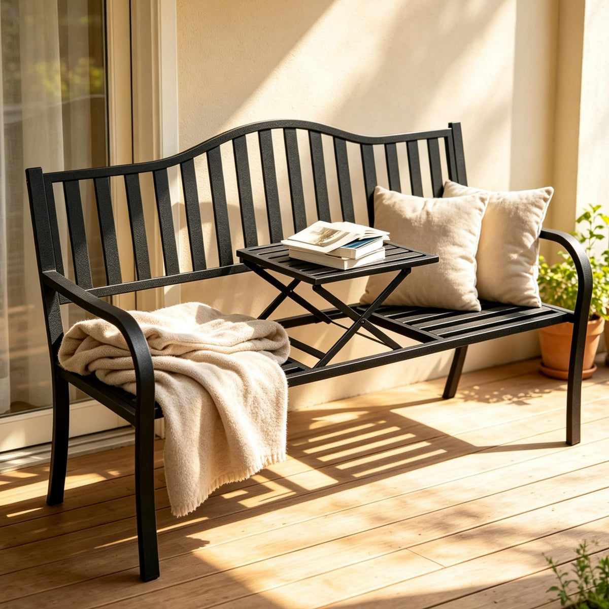 59 Inches Metal Outdoor Bench with Pull-Out Table T5959
