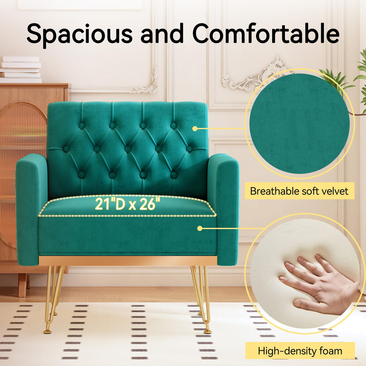 Oversized Velvet Tufted Accent Chair with Gold Legs Z27396