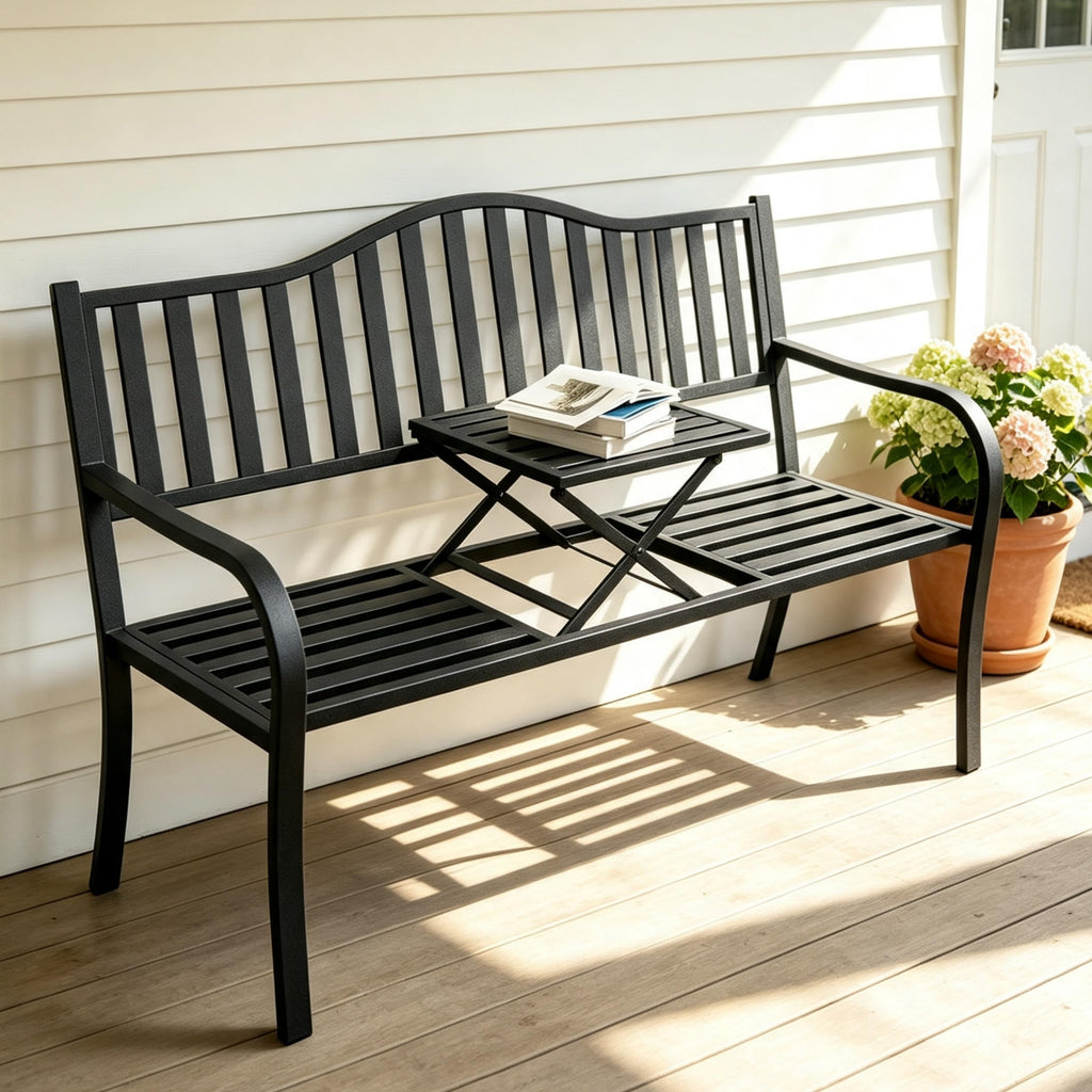 59 Inches Metal Outdoor Bench with Pull-Out Table T5959