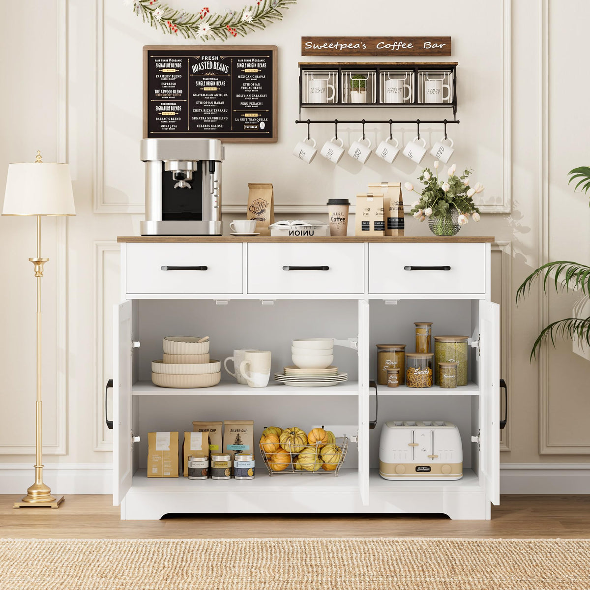 White Kitchen Buffet Cabinet with Storage Y866