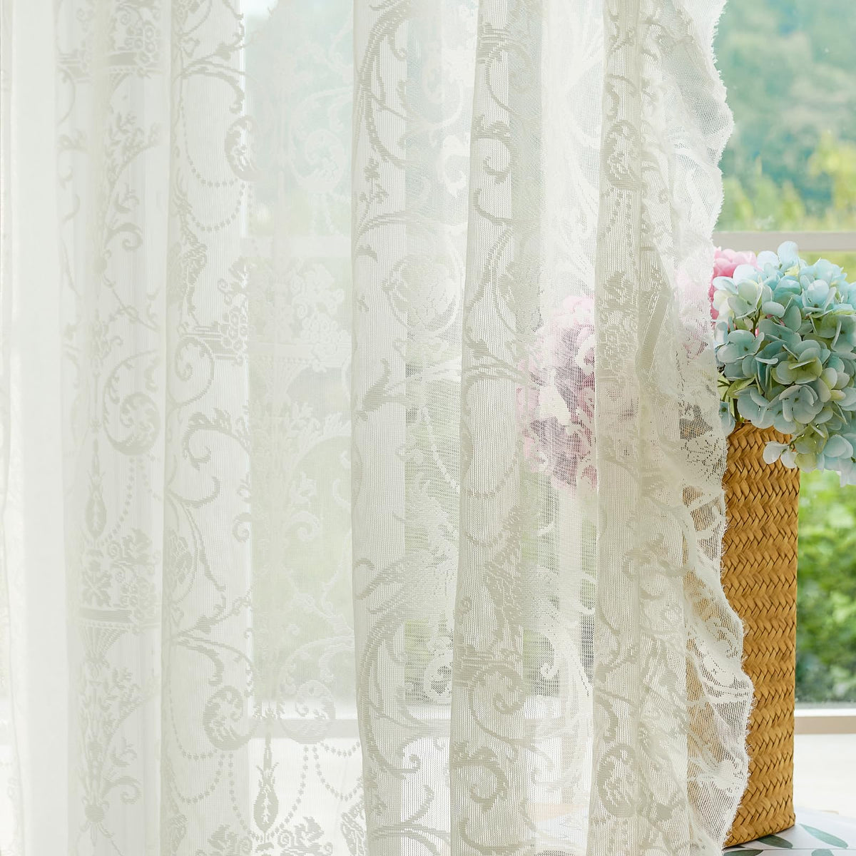 Lace Ruffle Sheer Curtains 2 Panels 59 x 72 Inch K209