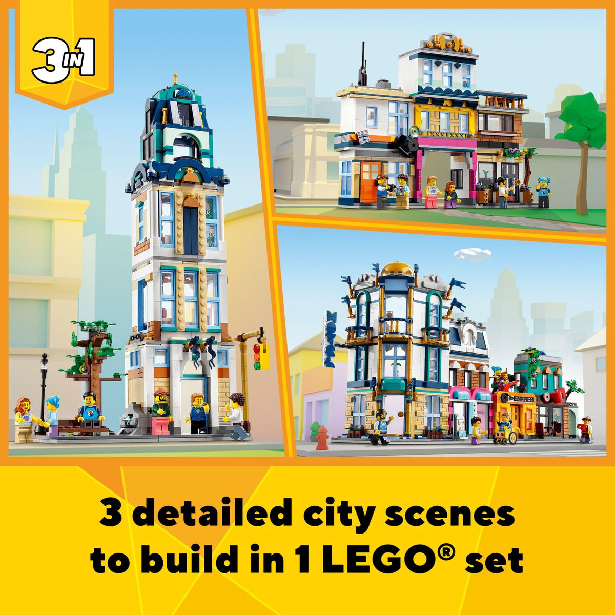 Building Toy Set, 3 in 1 City Art Deco Building, Market Street Hotel, Café Music Store and 6 Minifigures L11741