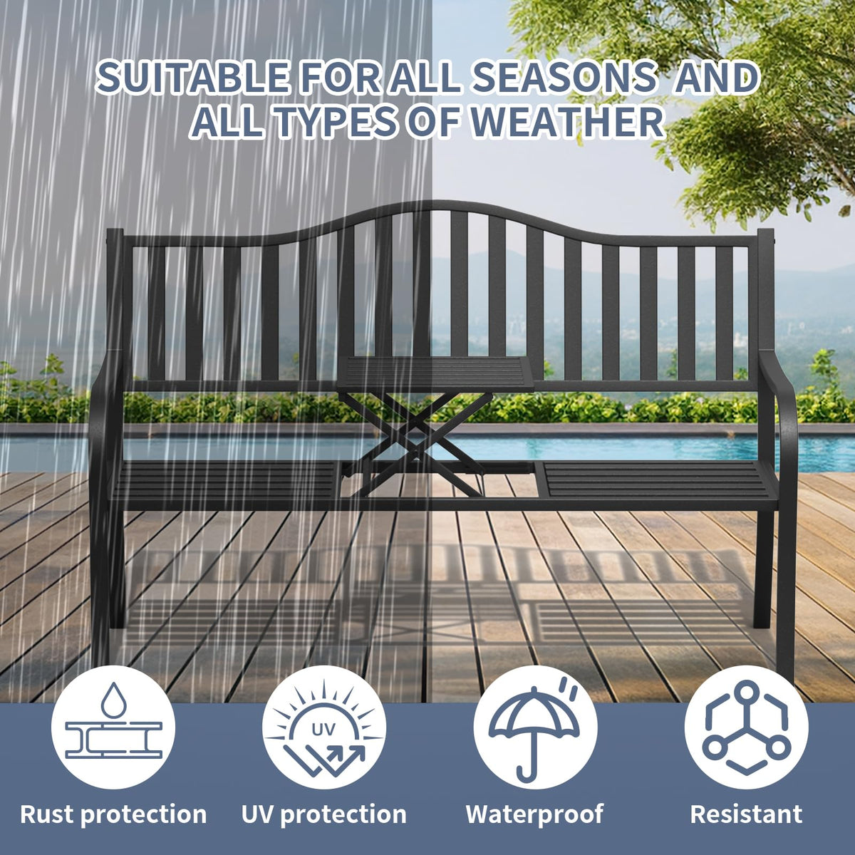 59 Inches Metal Outdoor Bench with Pull-Out Table T5959