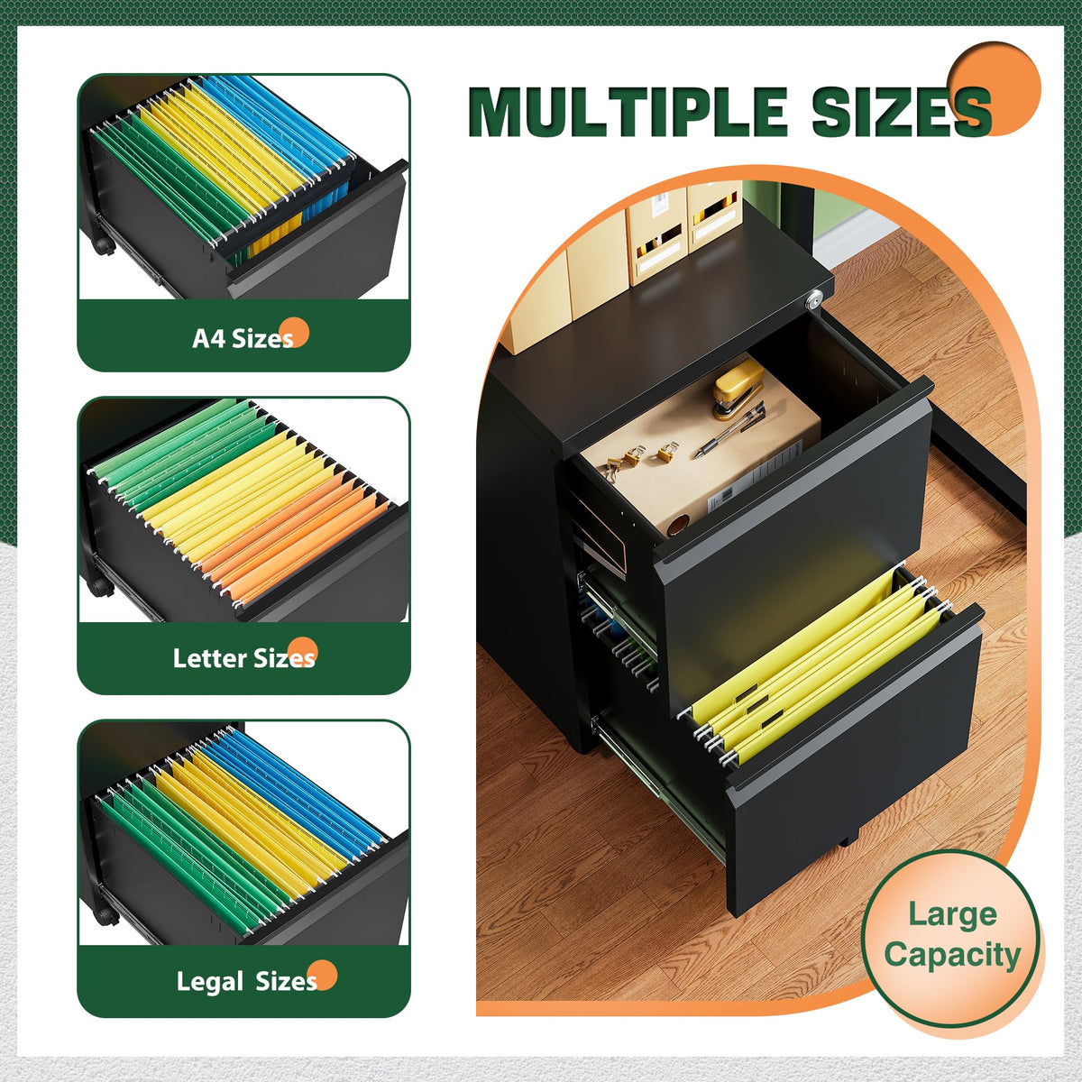 2 Drawer Black Metal Mobile File Cabinet with Lock B9575