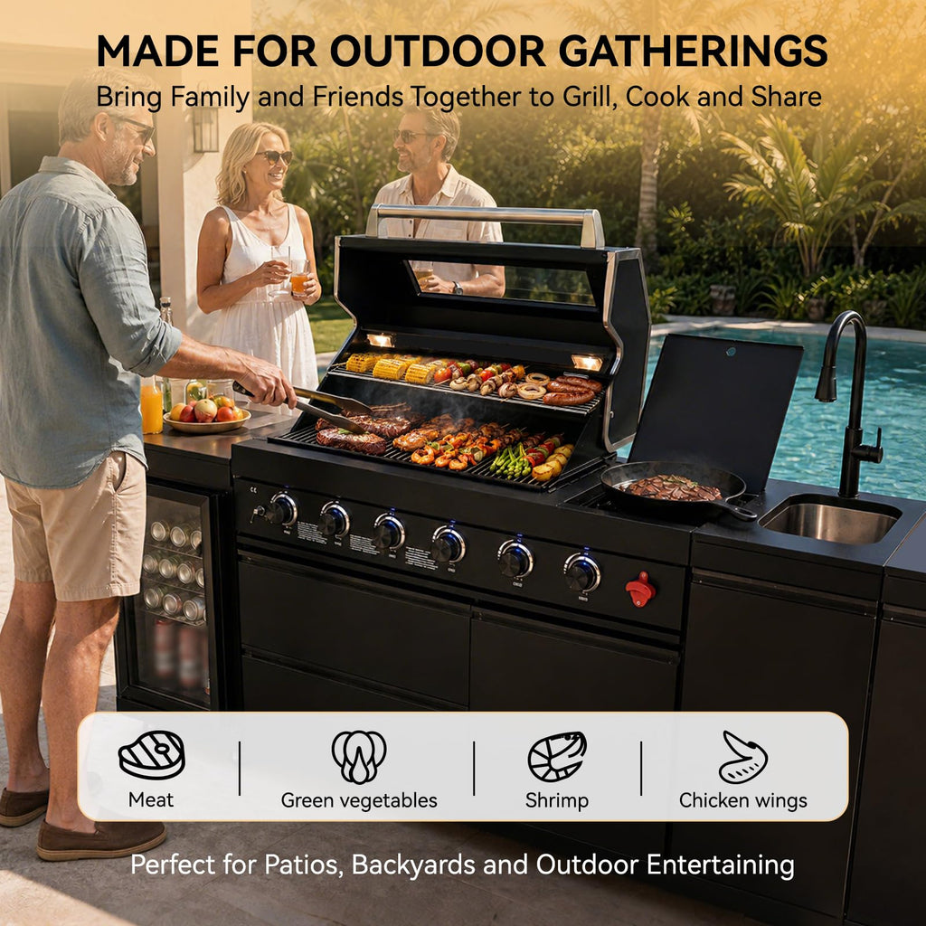 104" Modular Outdoor Kitchen Island with 4-Burner Propane Grill, Refrigerator, Sink, Storage Cabinets, and Granite Countertop R645565