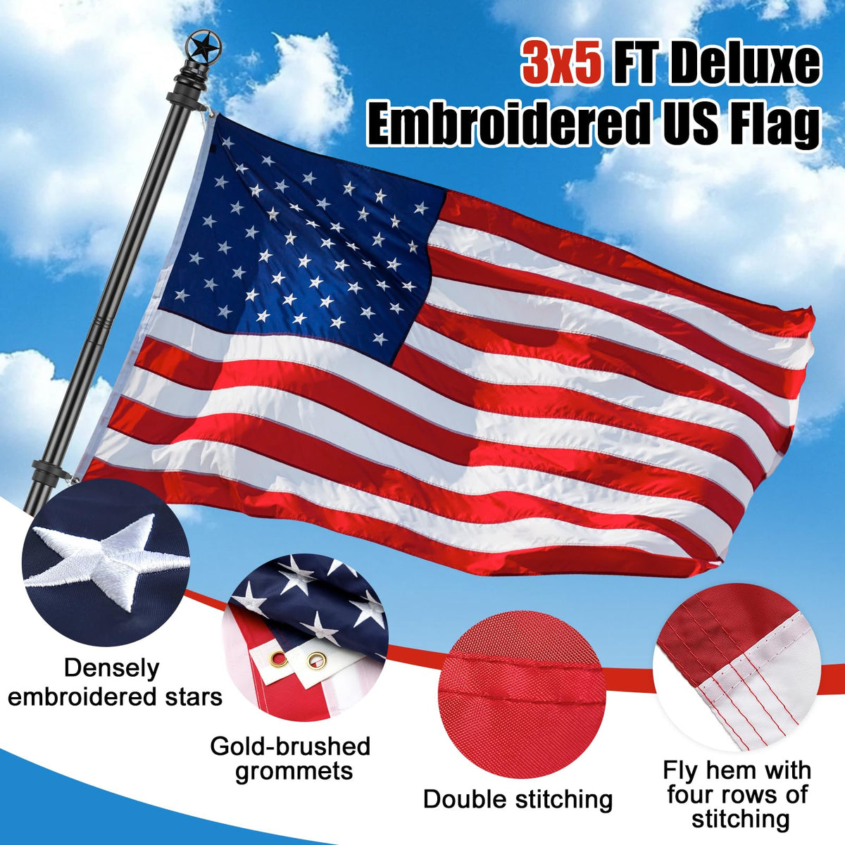 5ft Stainless Steel Flagpole with 3x5 Embroidered US Flag Q622