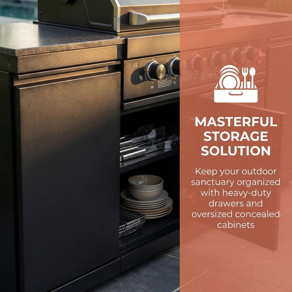 104" Modular Outdoor Kitchen Island with 4-Burner Propane Grill, Refrigerator, Sink, Storage Cabinets, and Granite Countertop R645565