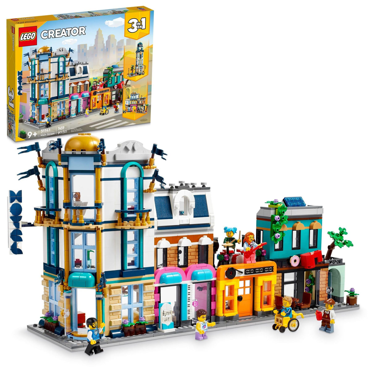 Building Toy Set, 3 in 1 City Art Deco Building, Market Street Hotel, Café Music Store and 6 Minifigures L11741