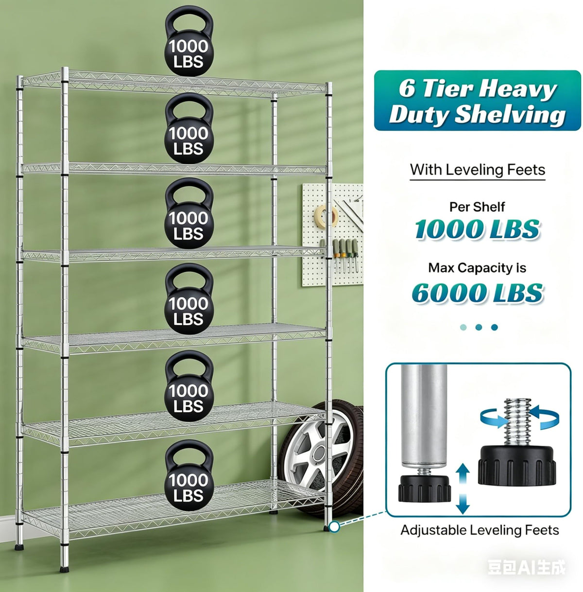 6-Tier Heavy Duty Steel Wire Shelving Unit with Wheels L97006