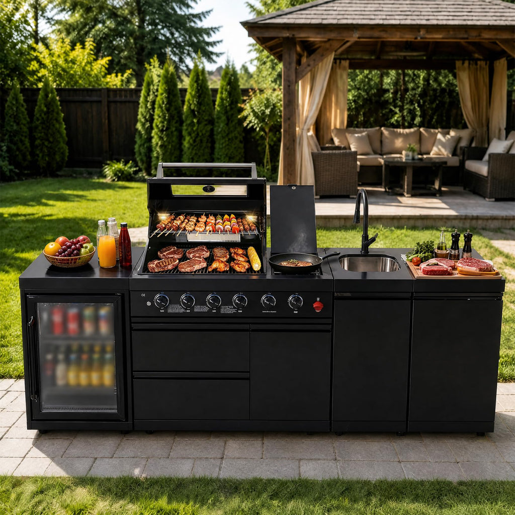 104" Modular Outdoor Kitchen Island with 4-Burner Propane Grill, Refrigerator, Sink, Storage Cabinets, and Granite Countertop R645565