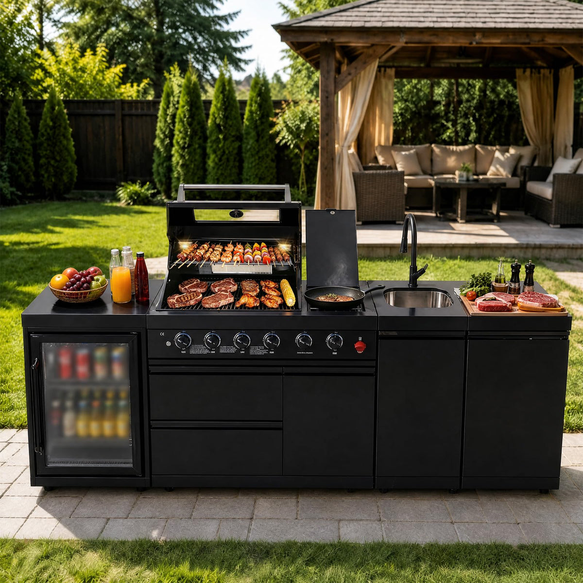 104" Modular Outdoor Kitchen Island with 4-Burner Propane Grill, Refrigerator, Sink, Storage Cabinets, and Granite Countertop R645565