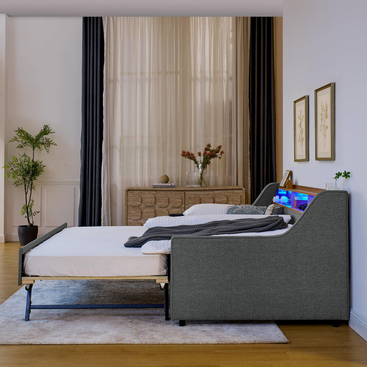 Twin Linen Upholstered Daybed with Pop Up Trundle X585627