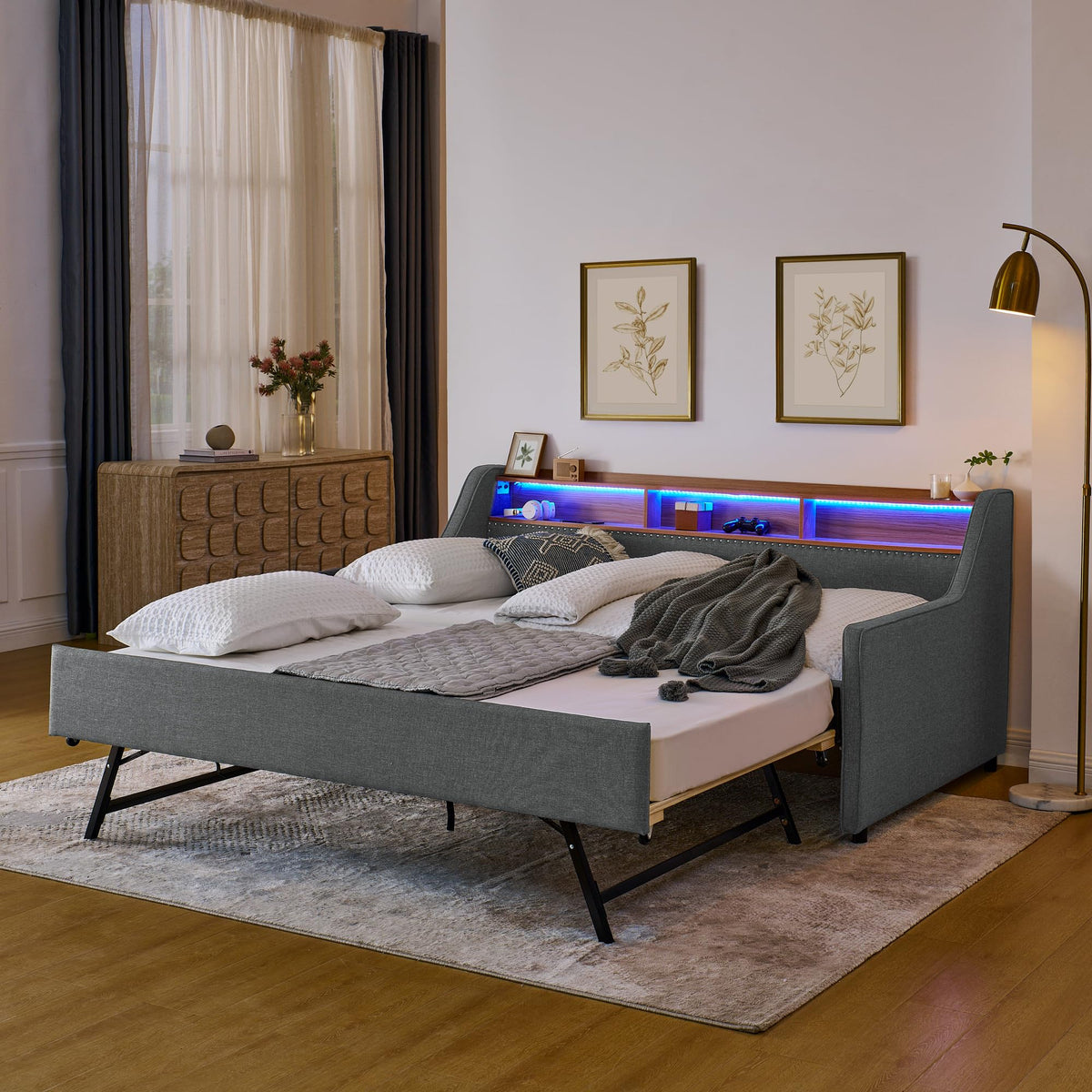 Twin Linen Upholstered Daybed with Pop Up Trundle X585627