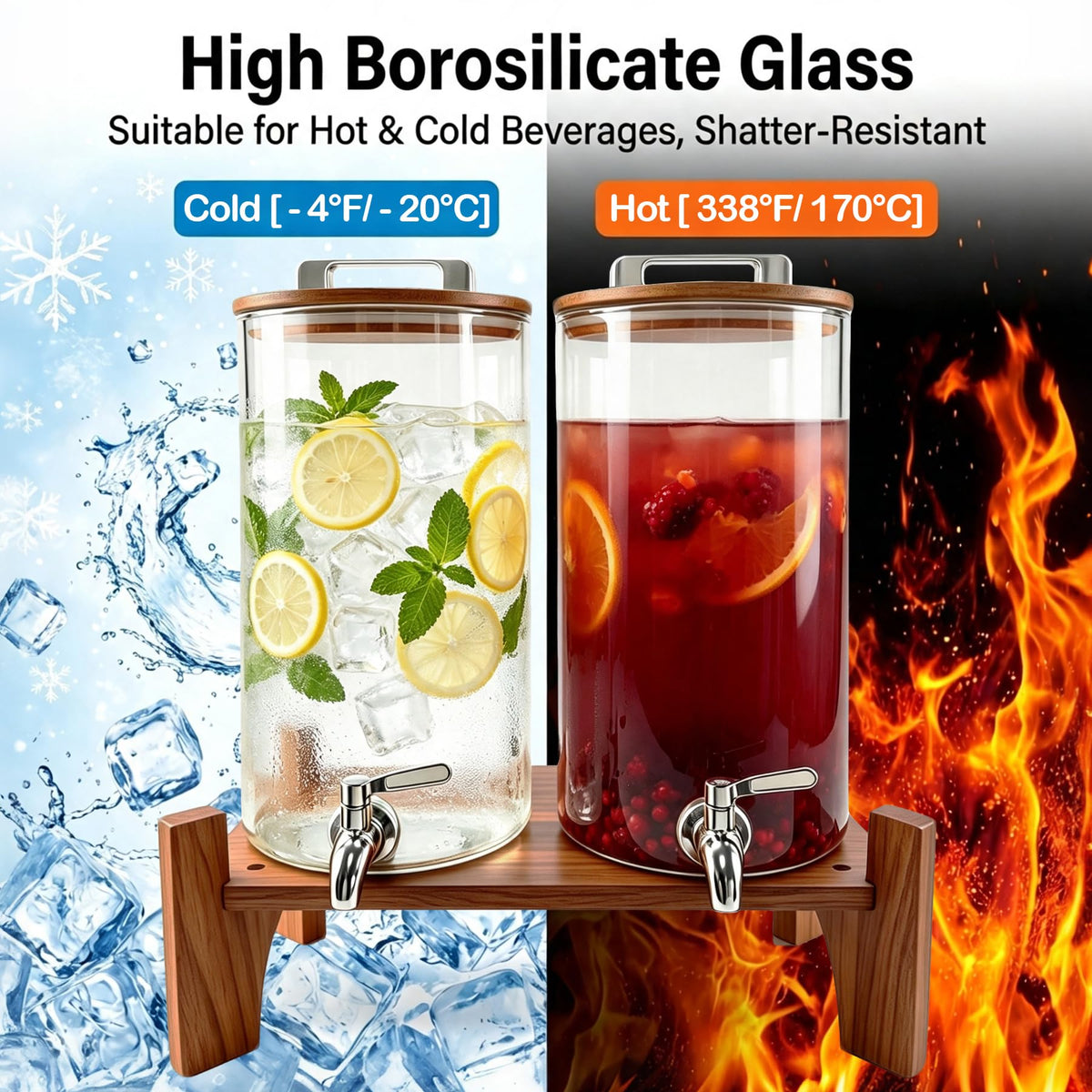 Glass Drink Dispenser with Wood Stand 1.6 Gallon C1874