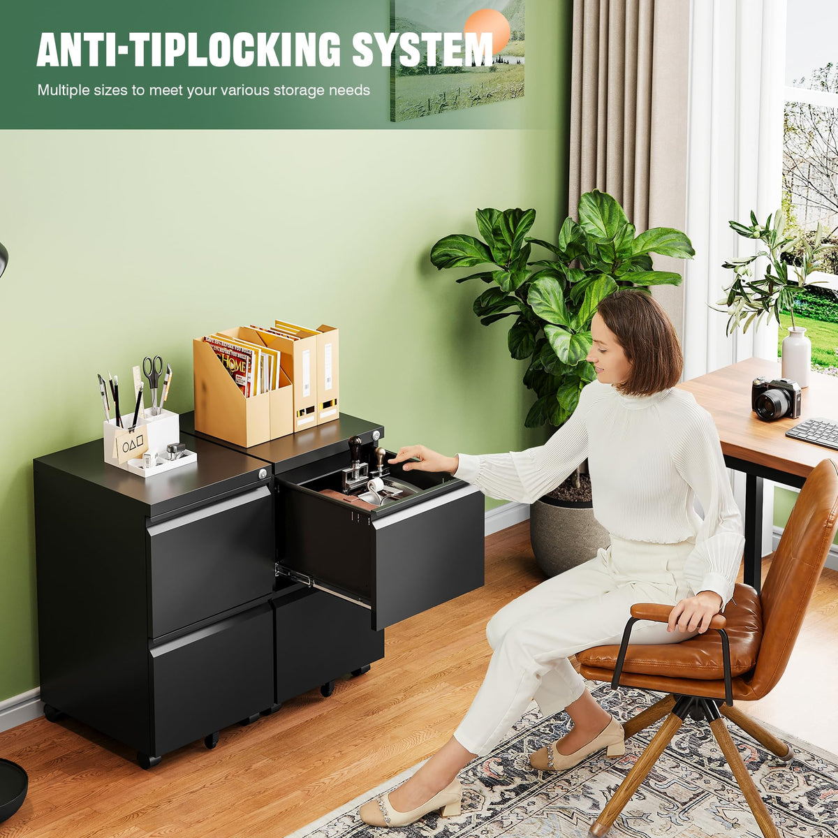 2 Drawer Black Metal Mobile File Cabinet with Lock B9575