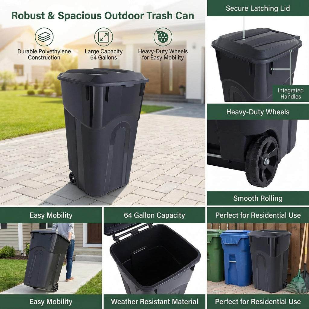32 Gallon Wheeled Heavy Duty Plastic Garbage Can with Attached Lid G5733