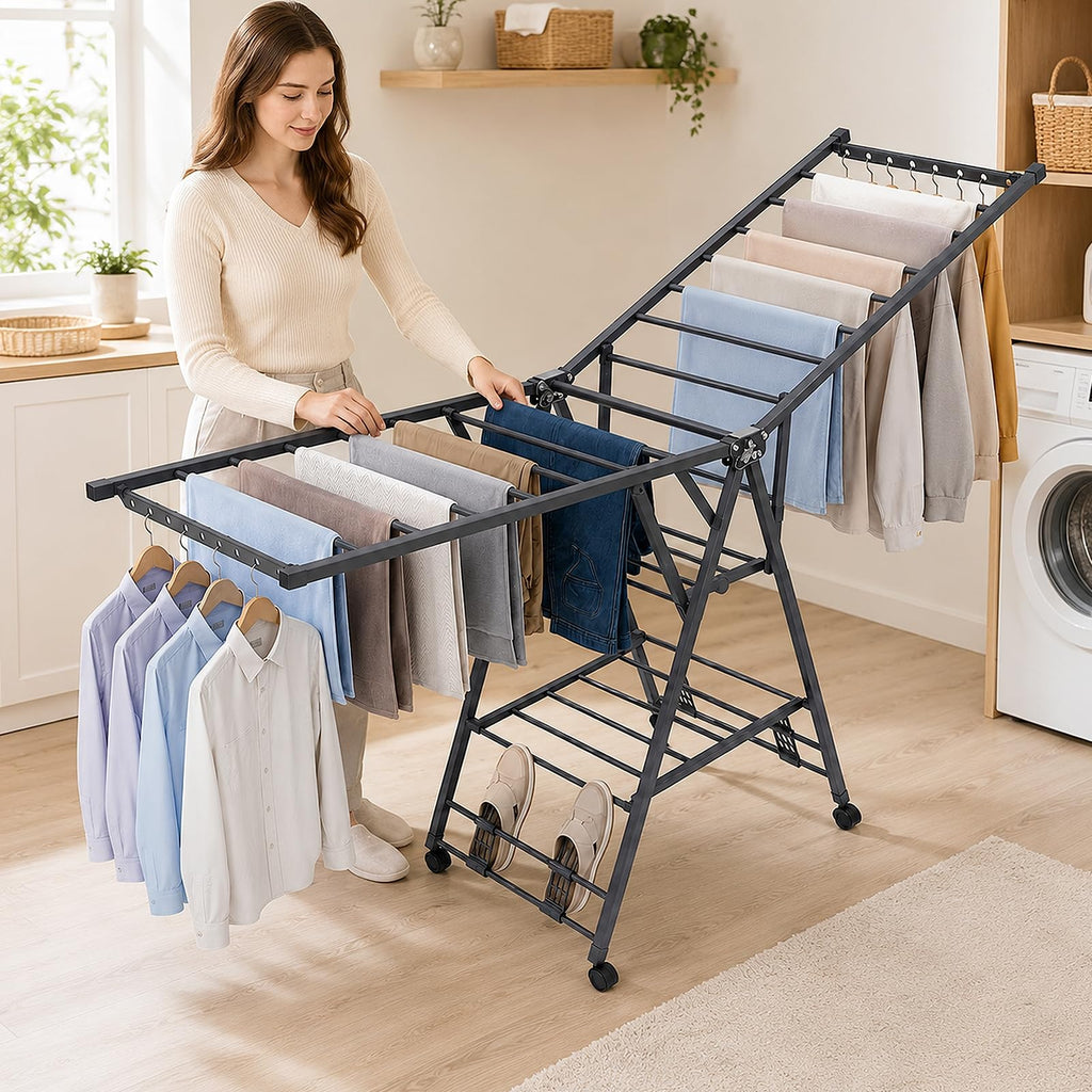 Foldable Metal Clothes Drying Rack with Wheels A239