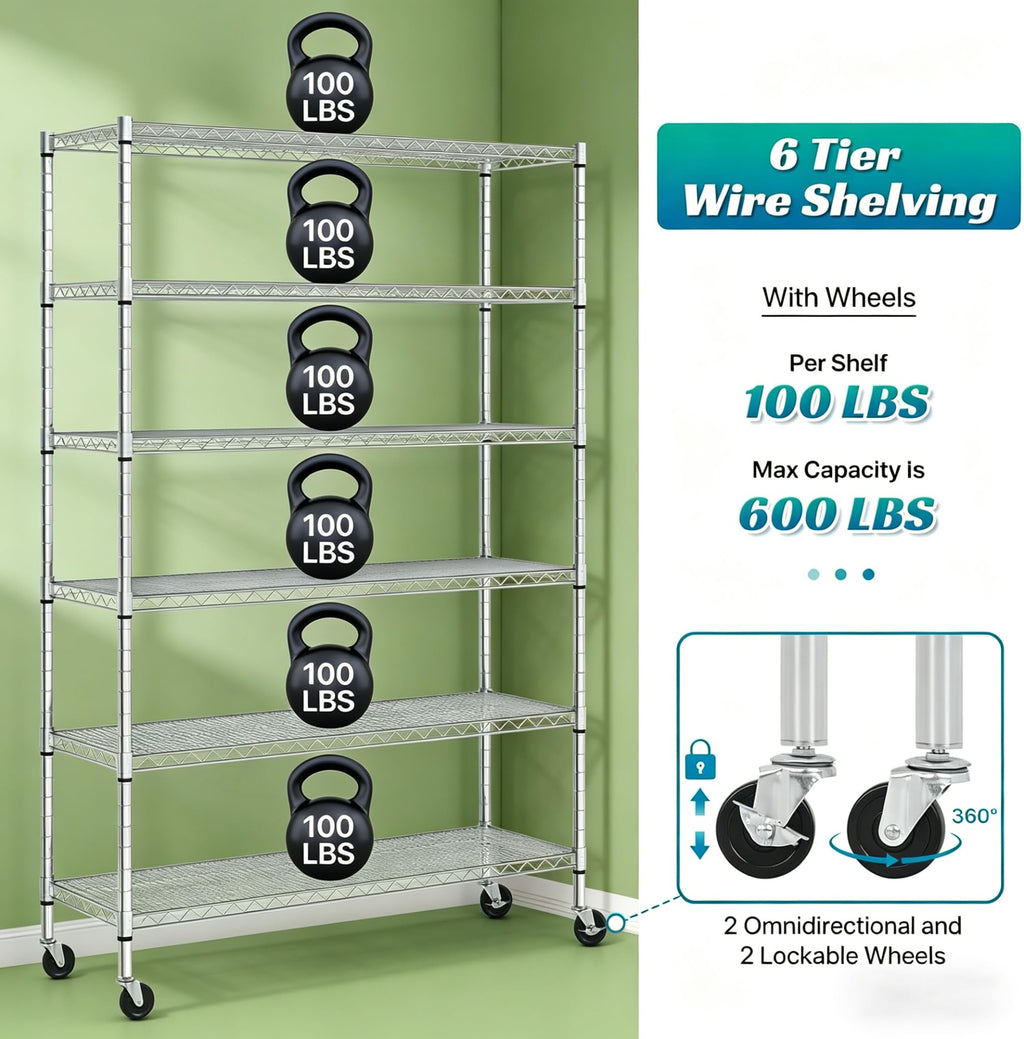 6-Tier Heavy Duty Steel Wire Shelving Unit with Wheels L97006