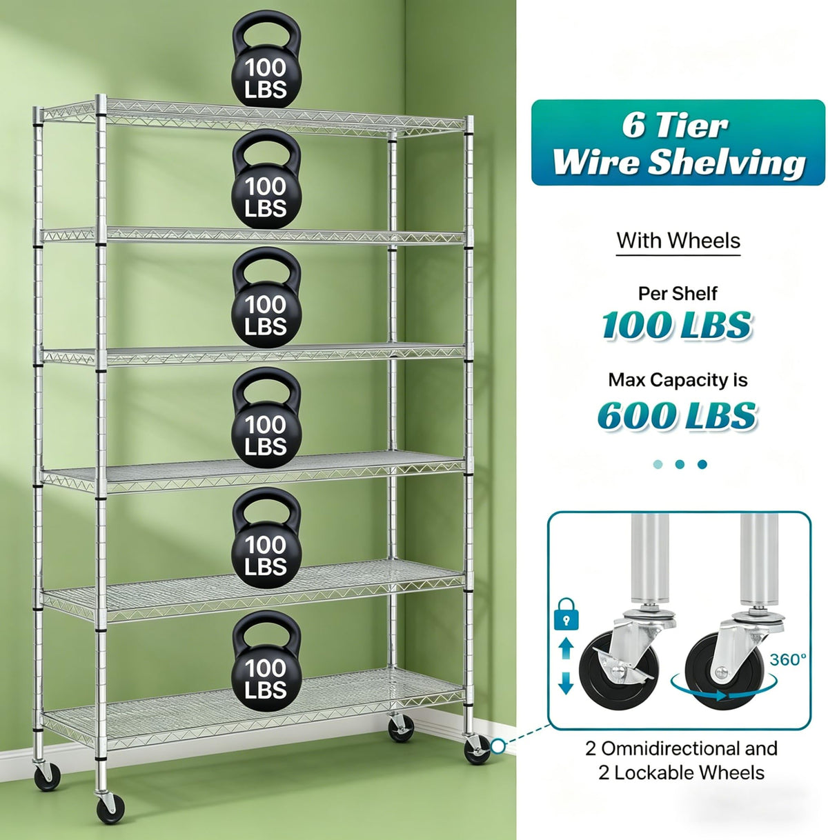 6-Tier Heavy Duty Steel Wire Shelving Unit with Wheels L97006