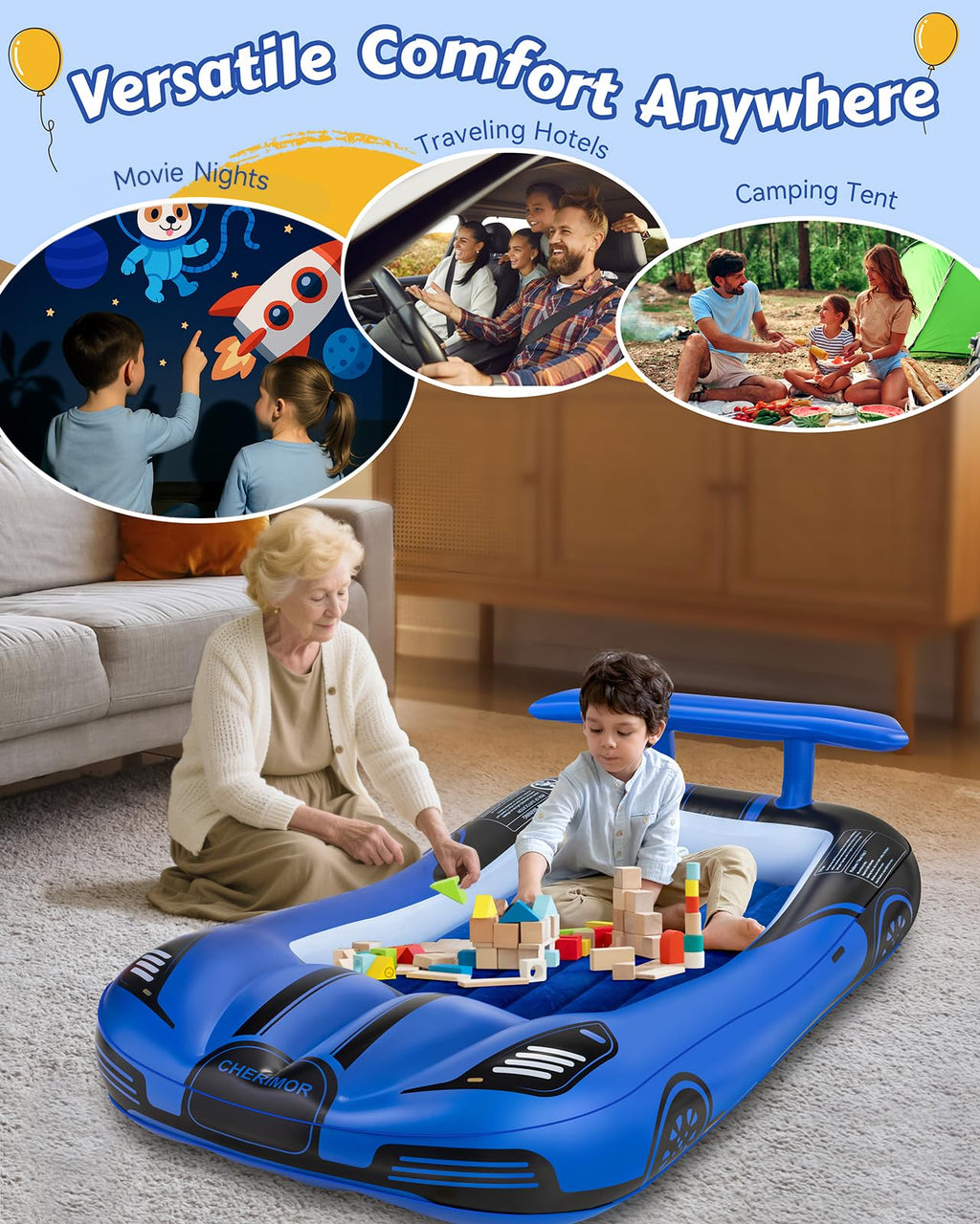 Inflatable Toddler Travel Bed with Safety Bumpers & Auto Pump V903