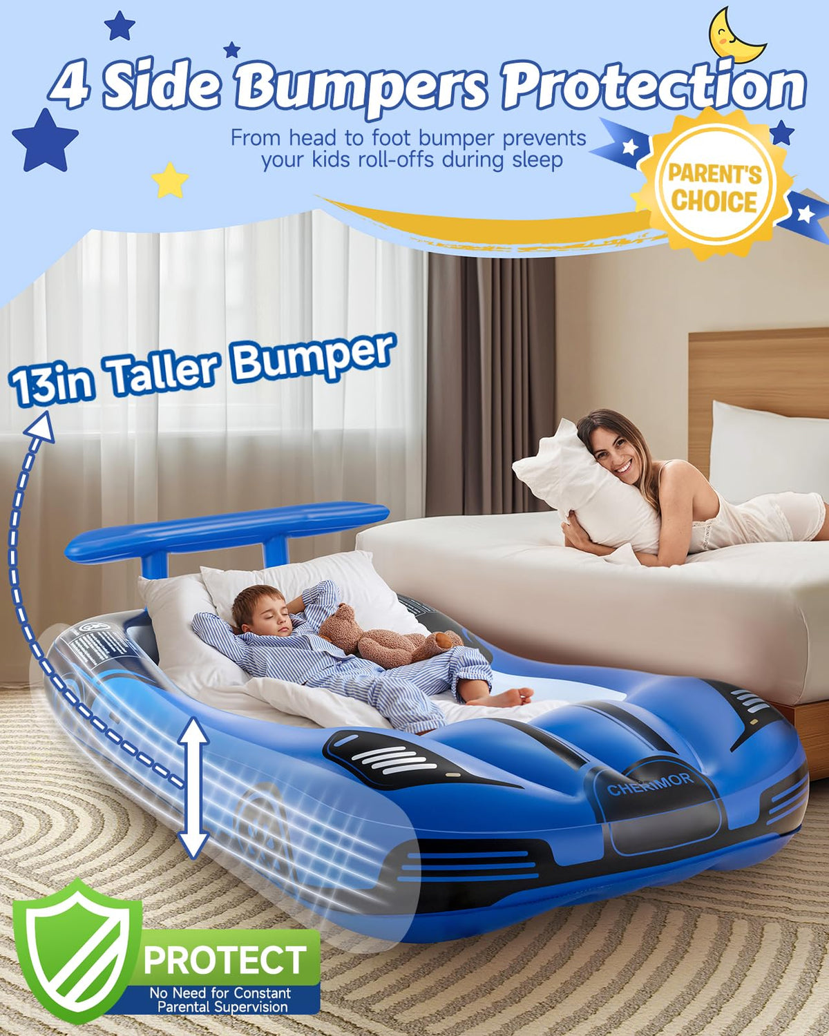Inflatable Toddler Travel Bed with Safety Bumpers & Auto Pump V903