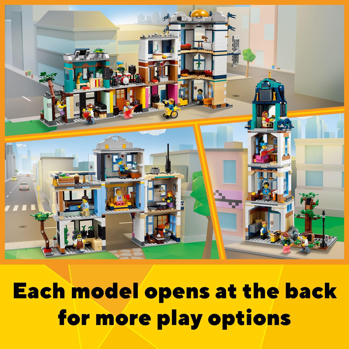 Building Toy Set, 3 in 1 City Art Deco Building, Market Street Hotel, Café Music Store and 6 Minifigures L11741