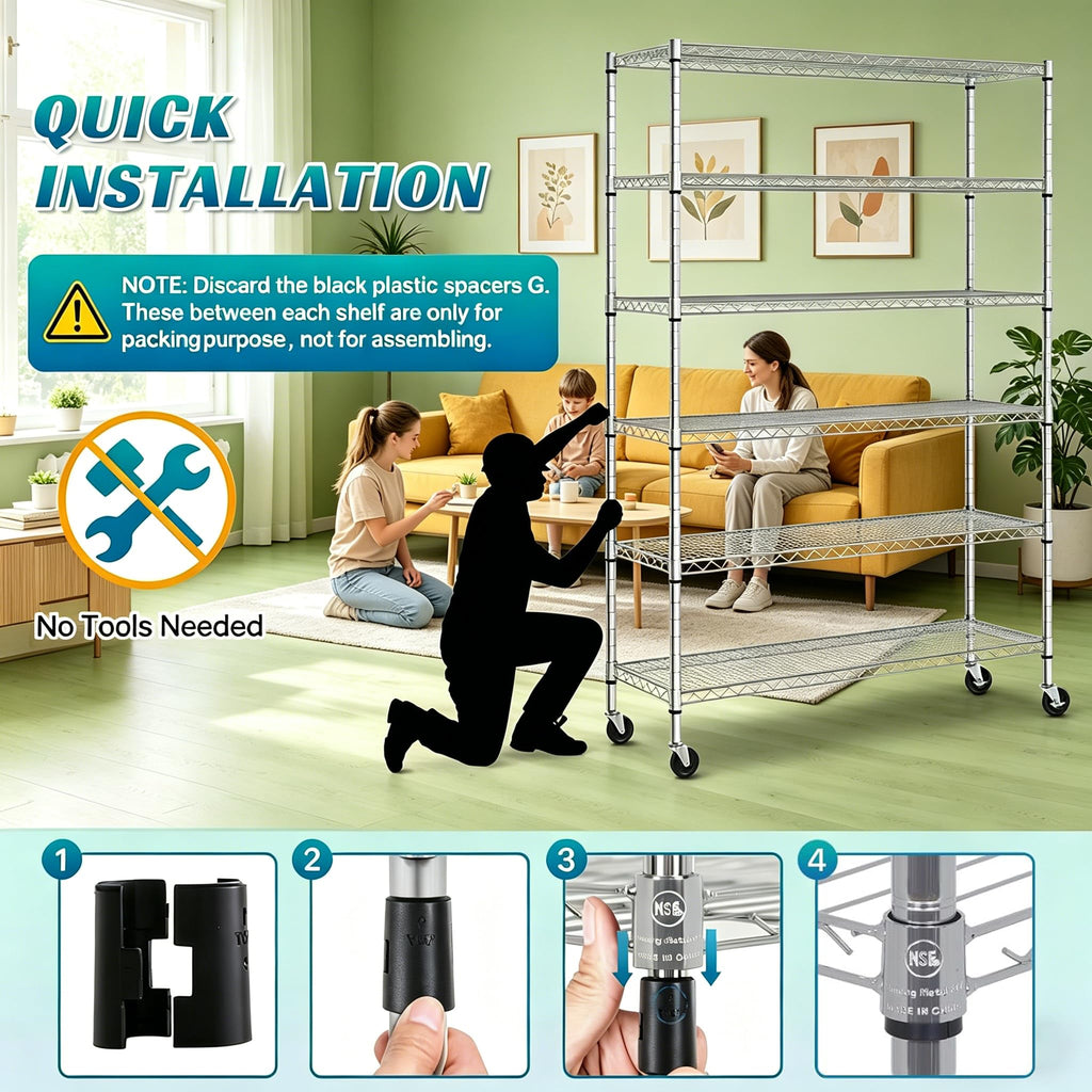 6-Tier Heavy Duty Steel Wire Shelving Unit with Wheels L97006
