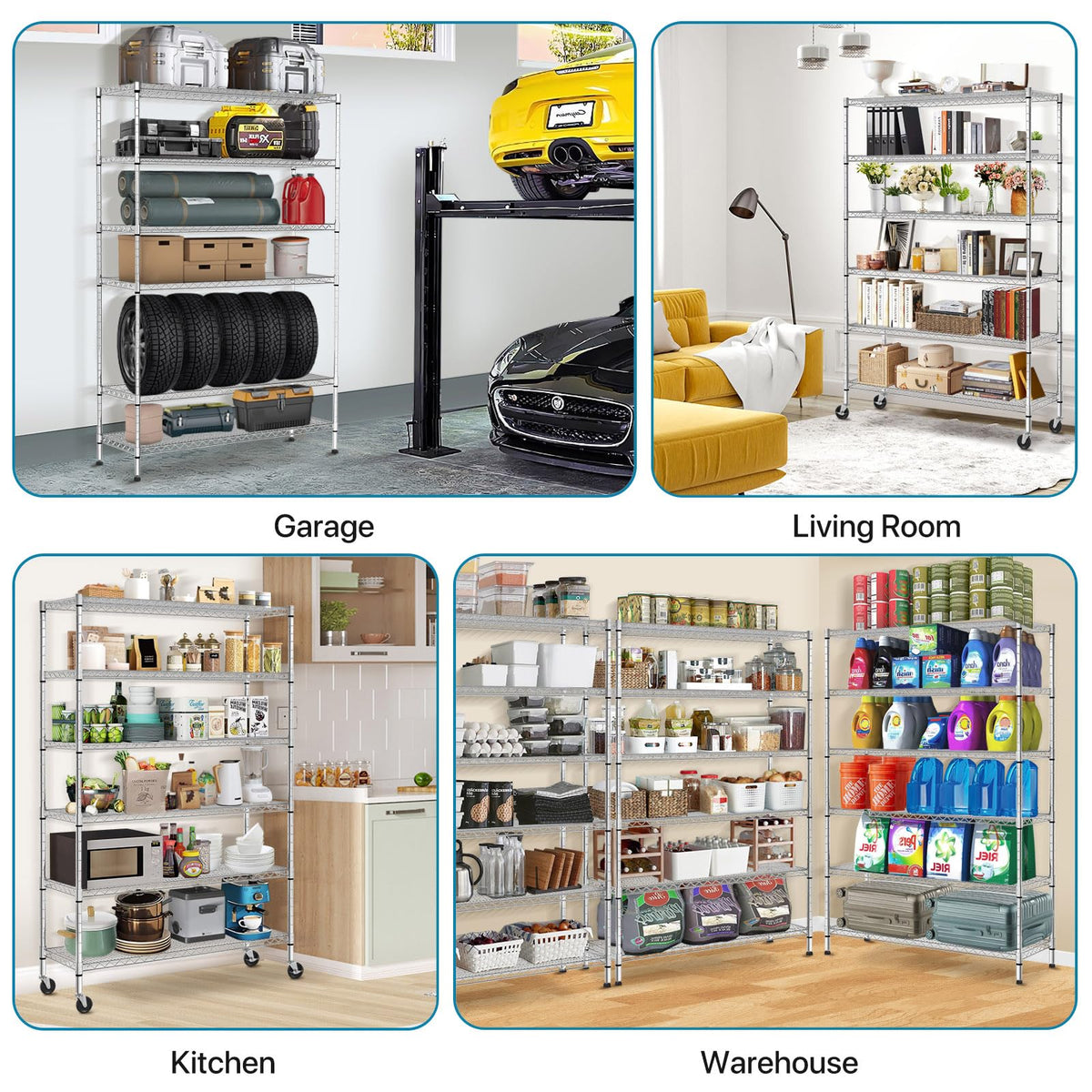 6-Tier Heavy Duty Steel Wire Shelving Unit with Wheels L97006