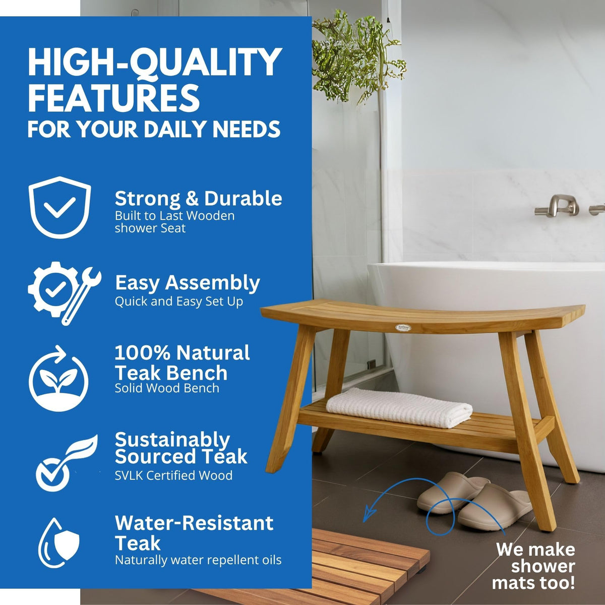 34-Inch Natural Teak Shower Bench E94017