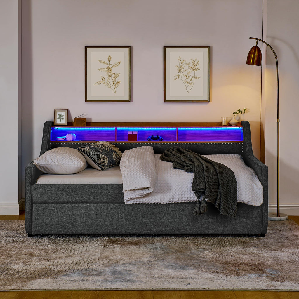 Twin Linen Upholstered Daybed with Pop Up Trundle X585627