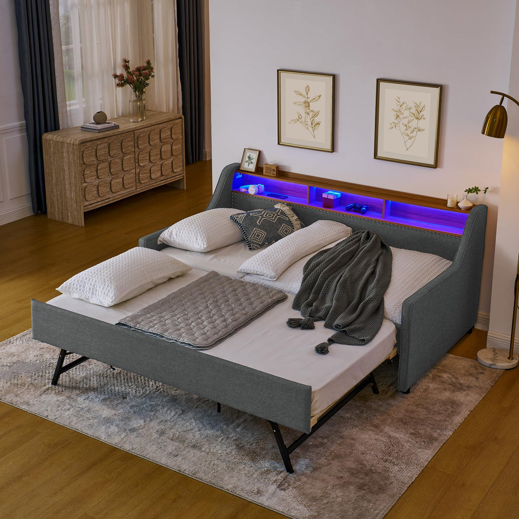Twin Linen Upholstered Daybed with Pop Up Trundle X585627