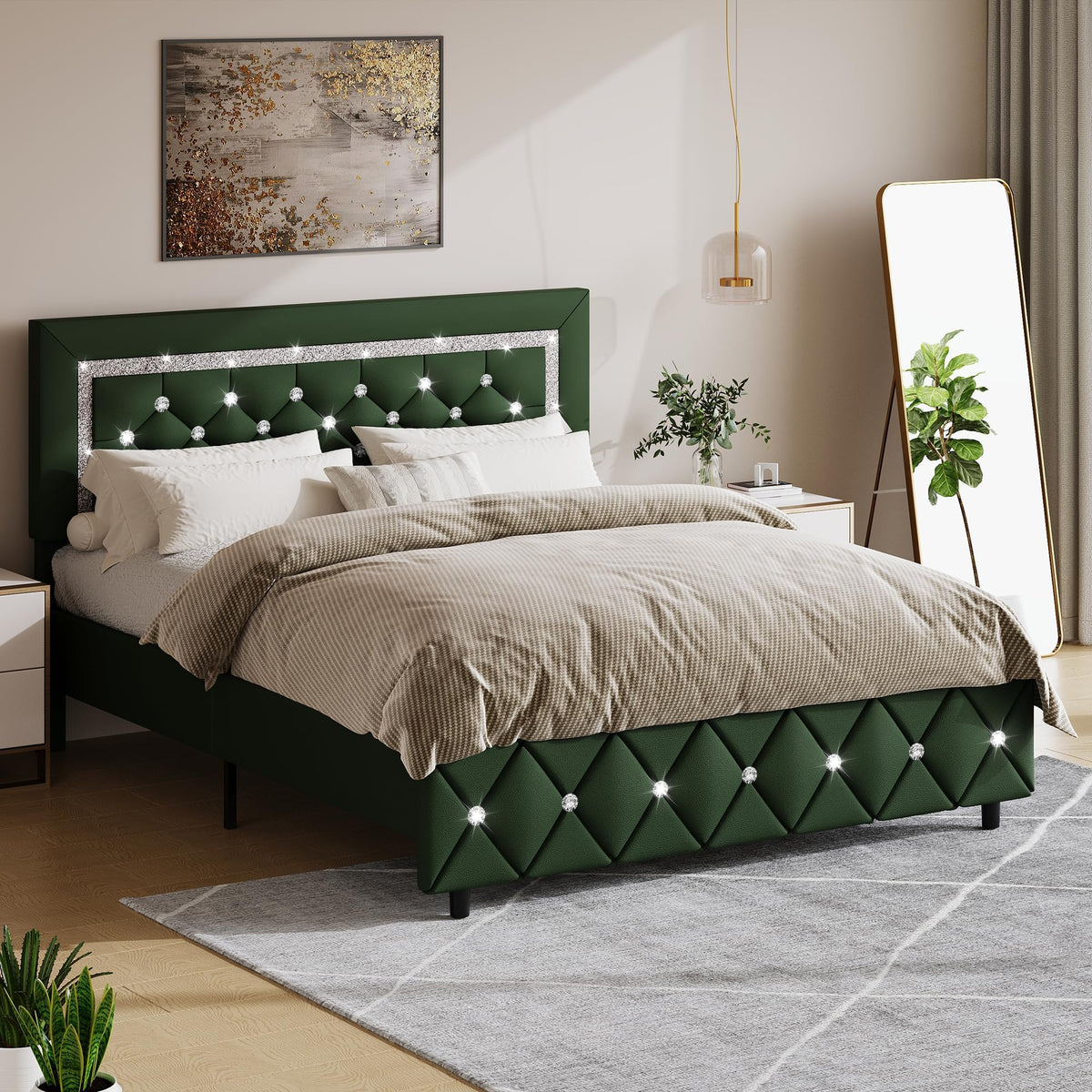 Green Faux Leather Upholstered Bed Frame with Headboard J95614