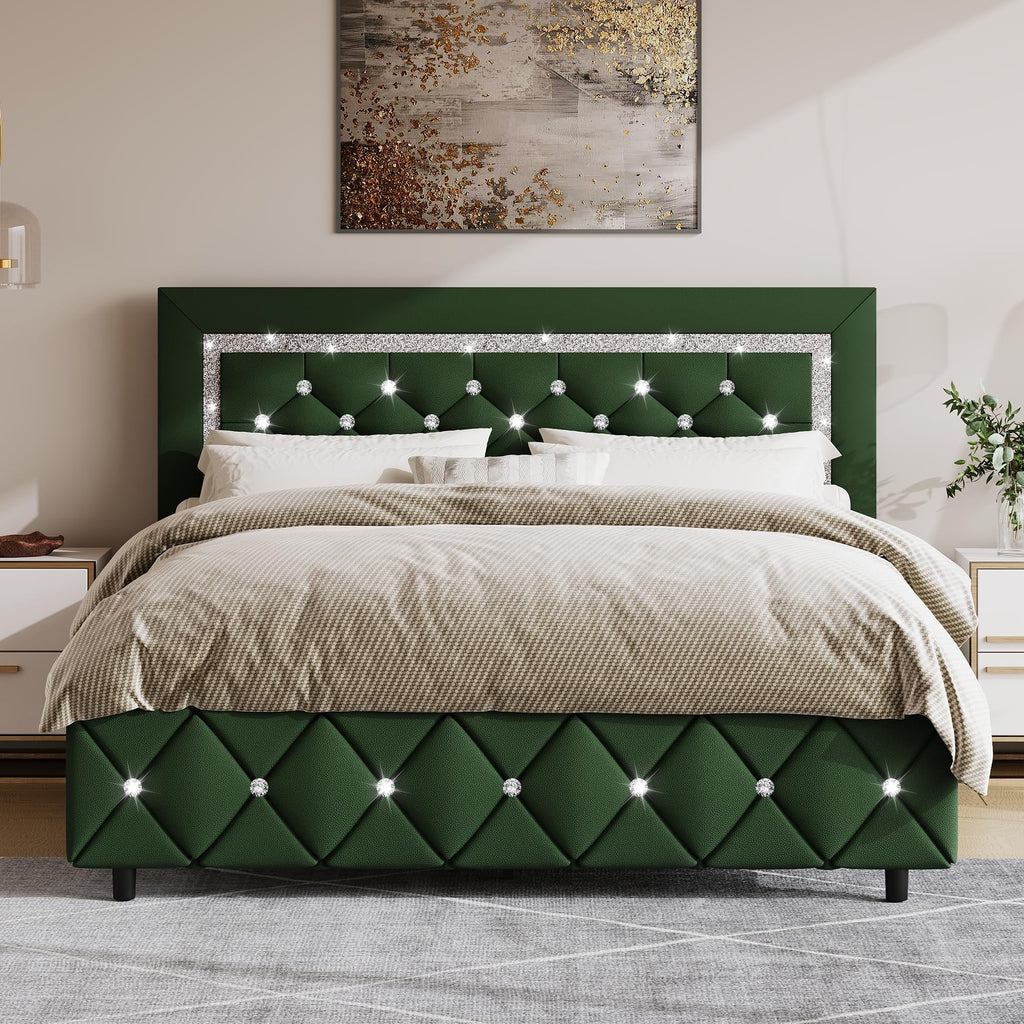 Green Faux Leather Upholstered Bed Frame with Headboard J95614