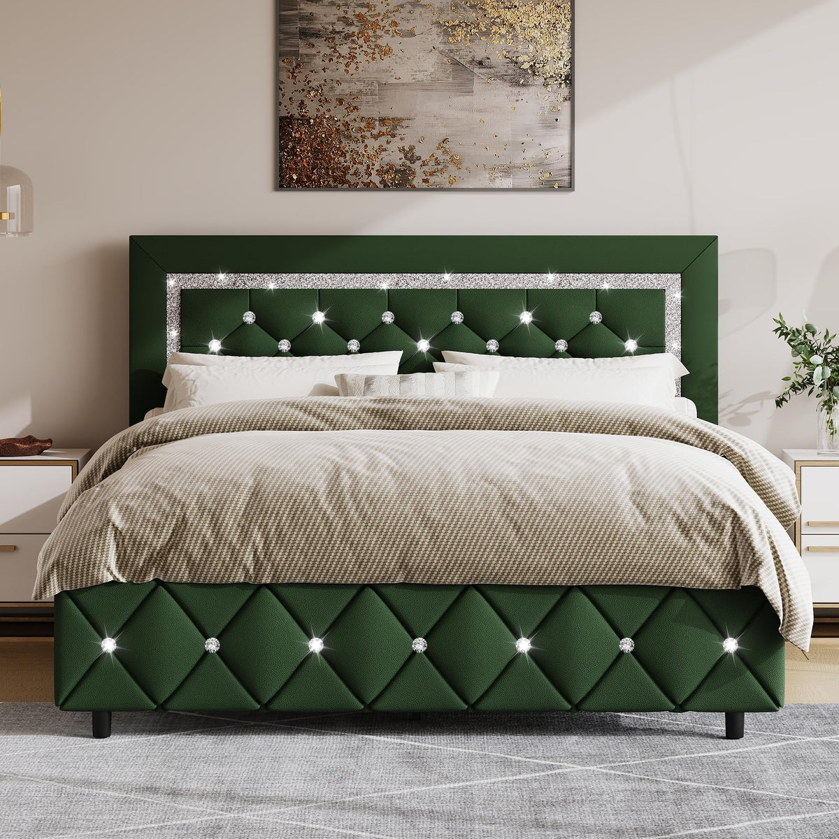 Green Faux Leather Upholstered Bed Frame with Headboard J95614